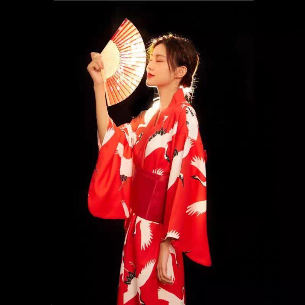 Printed Floral Sakura Girl Kimono Dress Elegance Japanese Style Yukata Bathrobe Party