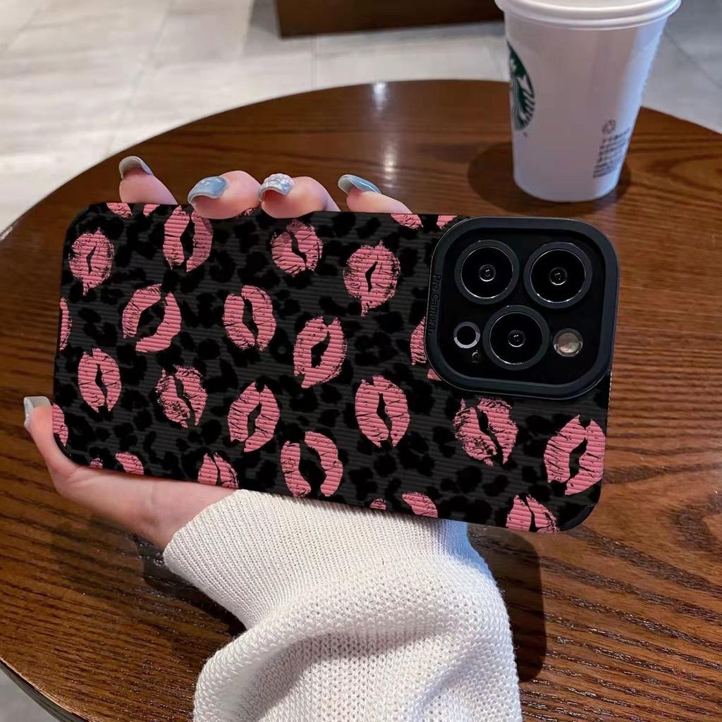 Leopard Print Pink Lips Pattern Phone Case Shockproof Protective Cover for iPhone
