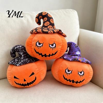 Creative Halloween Holiday Gift Pumpkin Plush Toy, Cute Wizard Hat Stuffed Animal Pillow for Smiling Plushie Sofa Bed, Spooky Home Decor Ornament