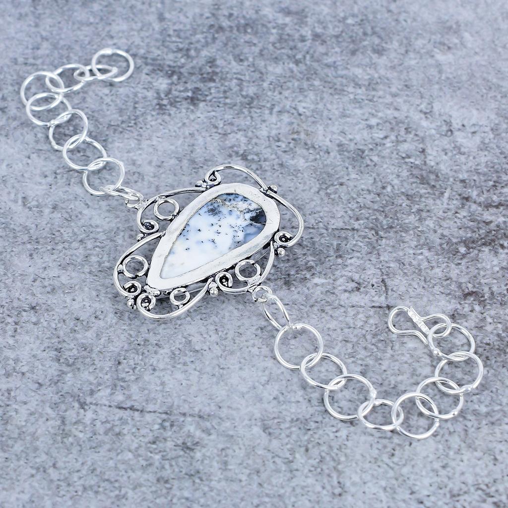 Dendrite Opal Gemstone Handmade 925 Sterling Silver Bracelet 7-8" M-2728