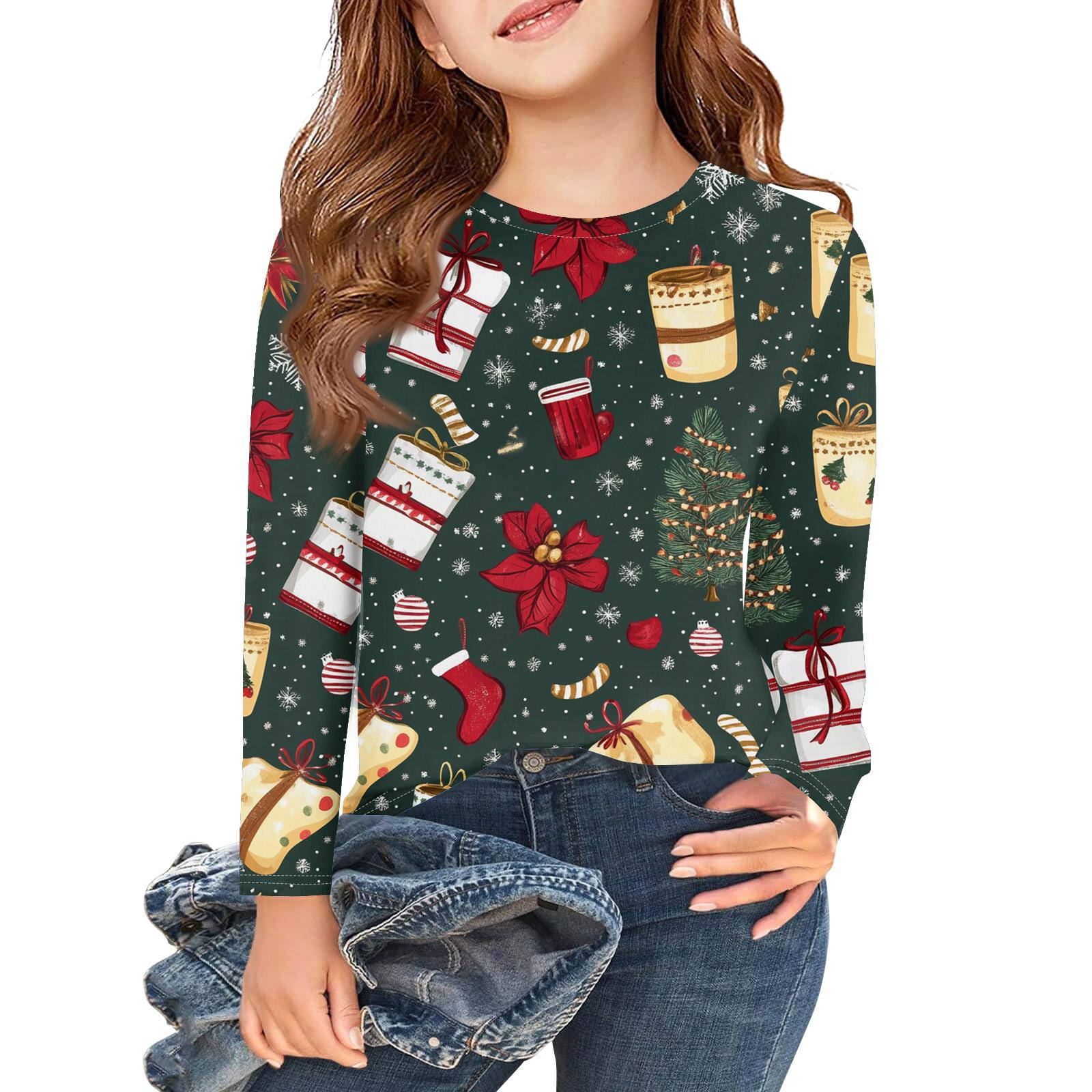 

Рождественские футболки с длинным рукавом для девочек, детские осенние топы с круглым вырезом и принтом, базовые футболки 130