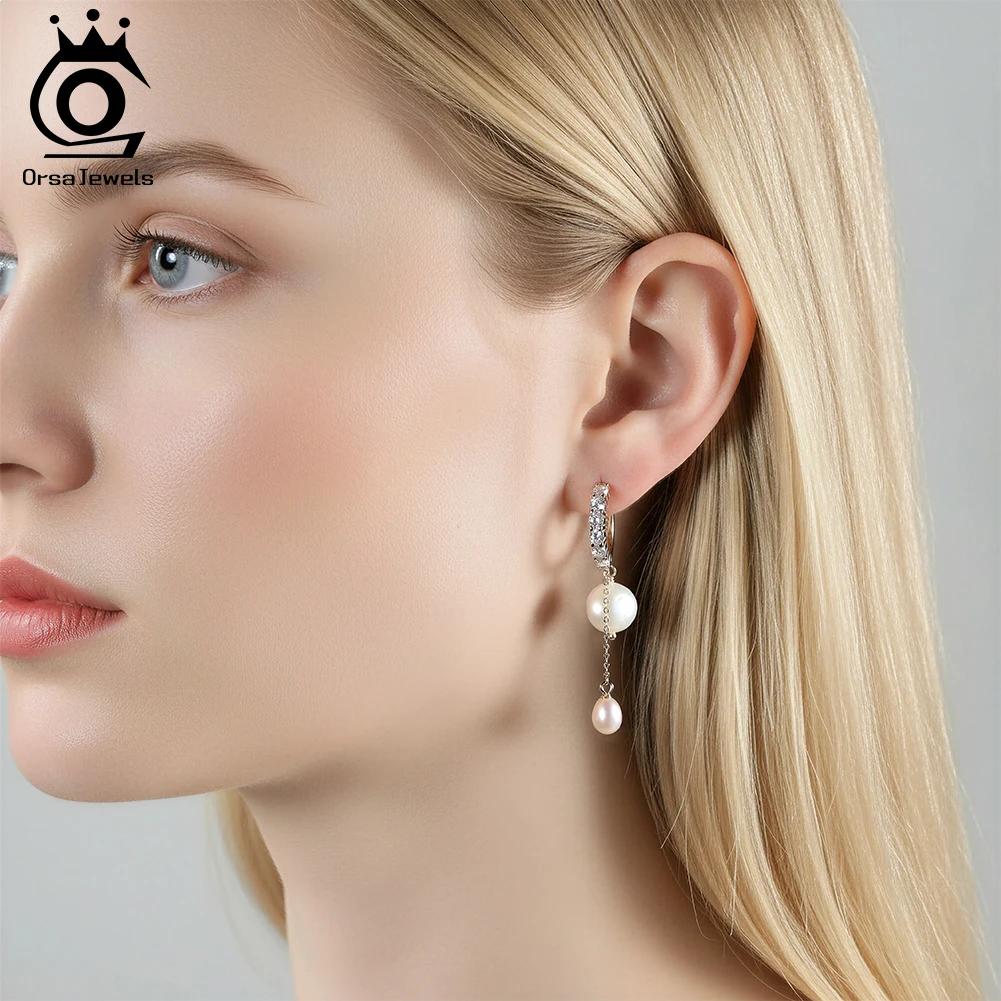ORSA JEWELS 14K Gold 925 Sterling Silver Dangle Pearl Earrings with Handpicked Natural Baroque Pearl for Women Jewelry GPE126