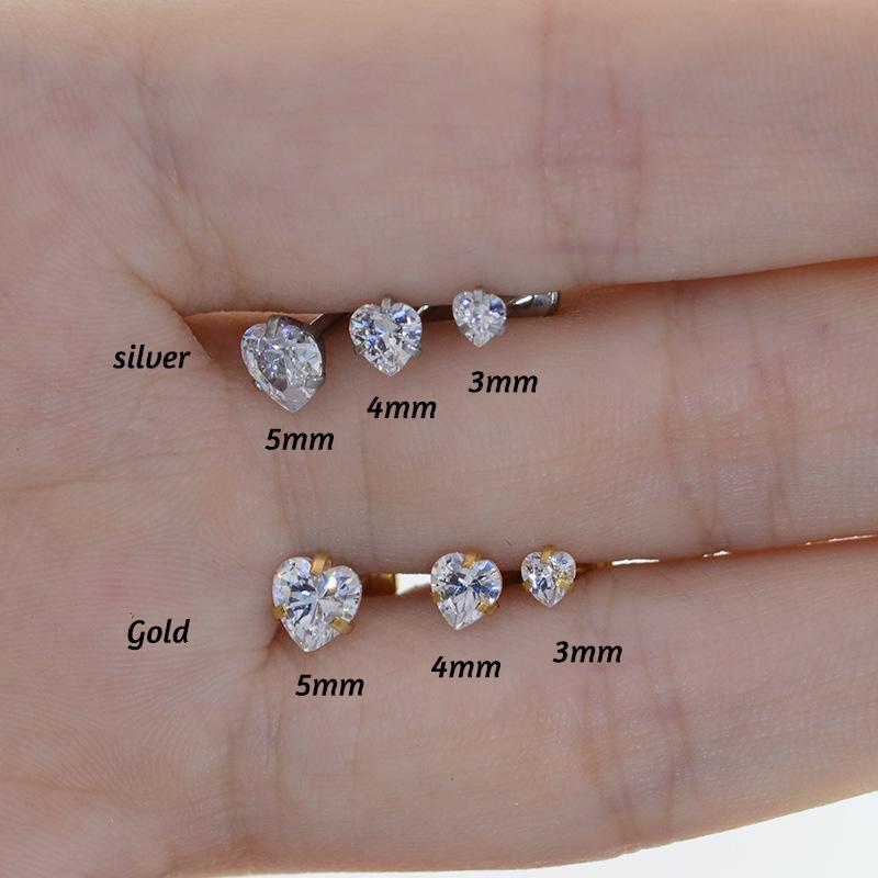Piercing Labret/Cartilagine Orecchio in Acciaio Inossidabile a Forma di Cuore con Zirconia Cubica, Barra da 1,2 mm, Pietre 3A da 3-5 mm