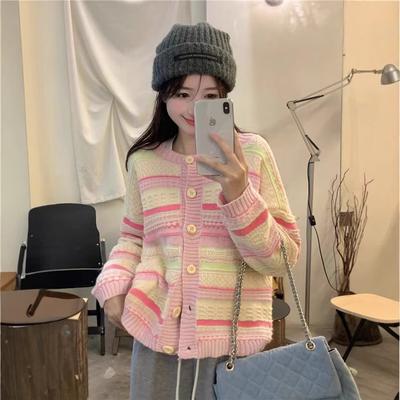 Gentle Wind Striped Soft Waxy Sweater Jacket Women's New High-end Loose Long-sleeved Knitted Cardigan Top