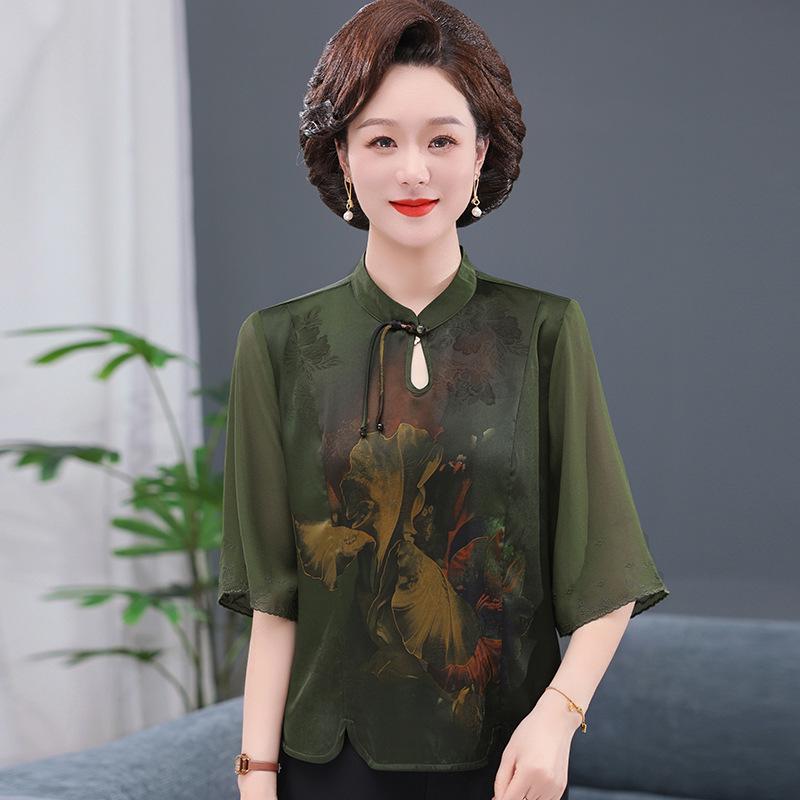 2026 Summer New Chinese Style Silk-Look Five-Sleeve Dress for Women - Trendy and Slimming for Middle-Aged and Elderly