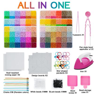 Bügelperlen Set 2,6mm Mini-Perlen 144 Farben All-in-One Set mit Steckplatten, Mini-Bügeleisen, Pinzette Pixel Art DIY Bastelset für Erwachsene