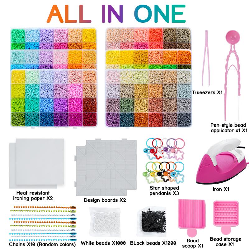 Bügelperlen Set 2,6mm Mini-Perlen 144 Farben All-in-One Set mit Steckplatten, Mini-Bügeleisen, Pinzette Pixel Art DIY Bastelset für Erwachsene