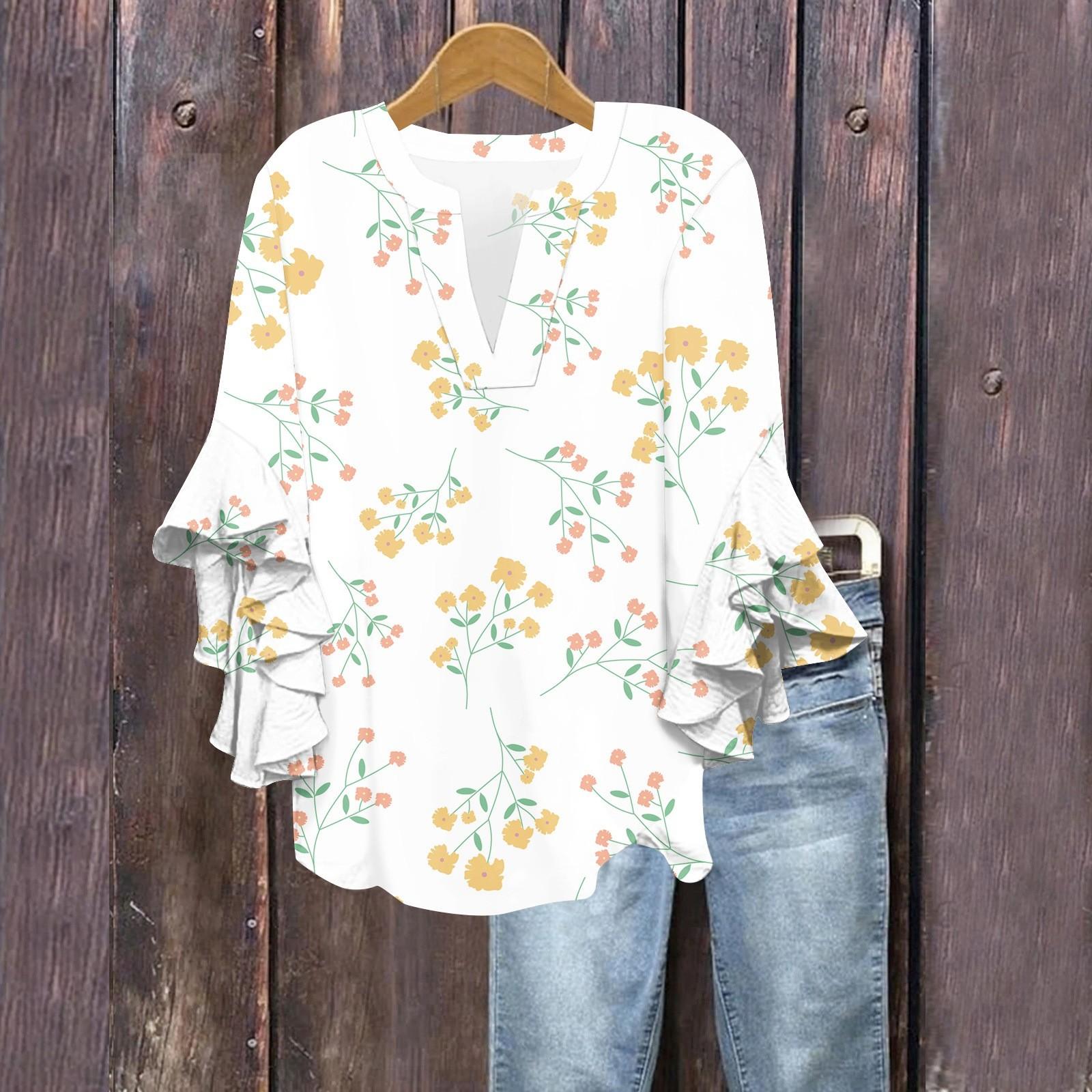 

Летние топы для женщин, симпатичные блузки с V-образным вырезом и рукавом 3/4, повседневные рубашки с цветочным принтом M