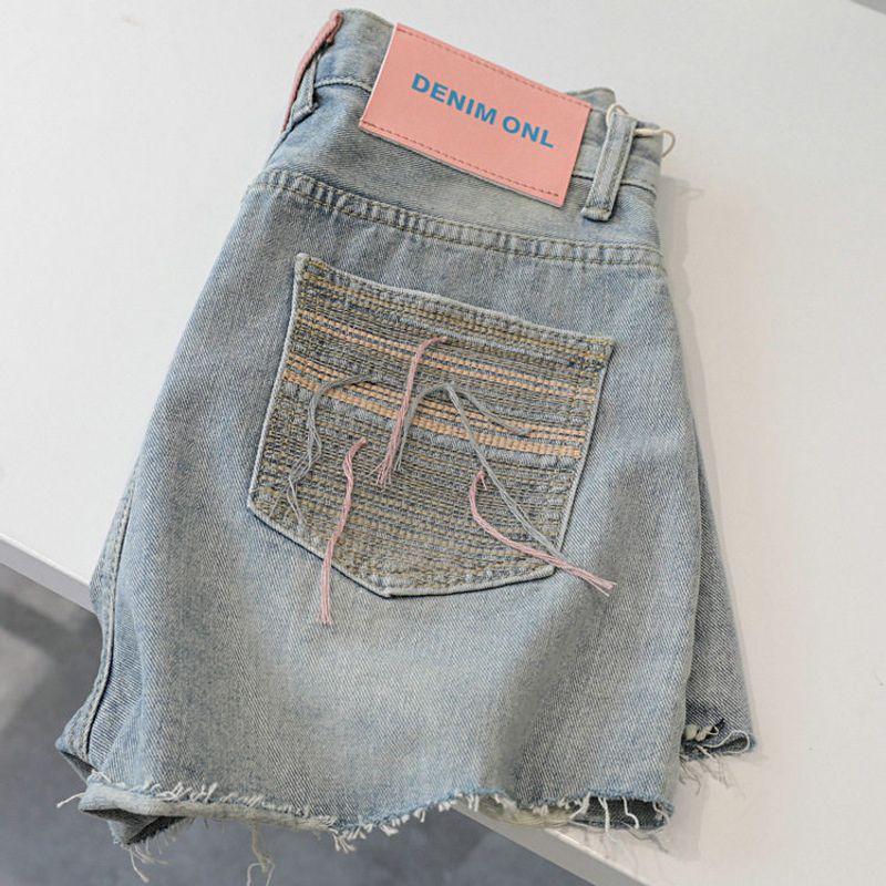 

American Retro Style Frayed High-Waisted Straight-Leg Denim Shorts for Women, Summer Trendy Embroidered Wide-Leg Hot Pants Blue XL [Excellent Quality]