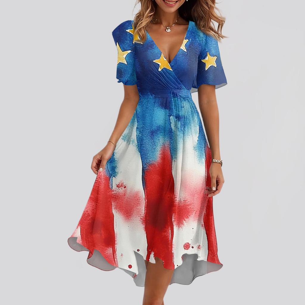 Kadın Bol Kesim Günlük V Yaka Kloş Etek Kısa Kollu Baskılı Elbise Baskılı Elbise