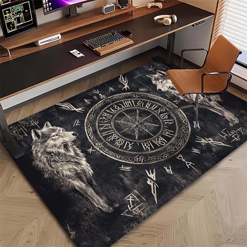 Viking Rune Wolf Pattern Area Rug - Vintage-Themed Polyester Fiber Carpet Mat, Non-Slip for Office, Bedroom, Living Room
