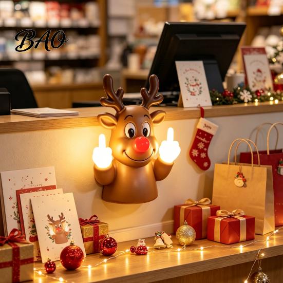 Humorous Christmas Party Decor Middle Finger Light, Naughty Santa Claus Reindeer Giving Lamp with LED Novelty Holiday Home Decorations Warm Glow, Wall