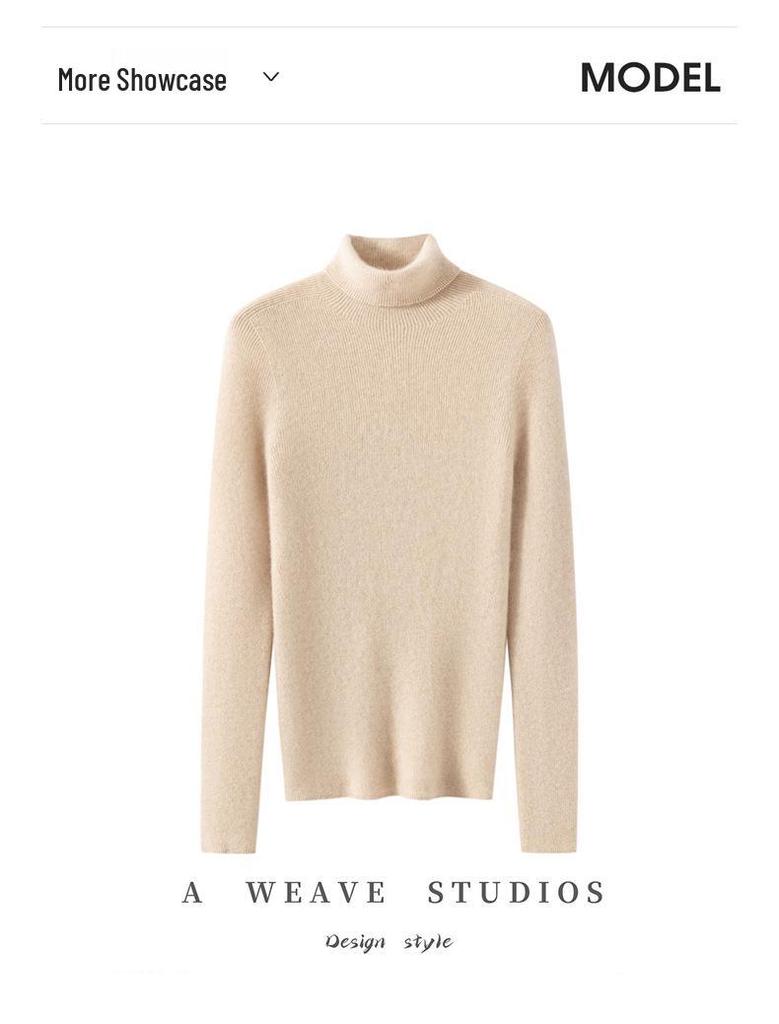 Women's 100% Cashmere High Neck Sweater - Autumn/Winter Rib Knit Base Layer