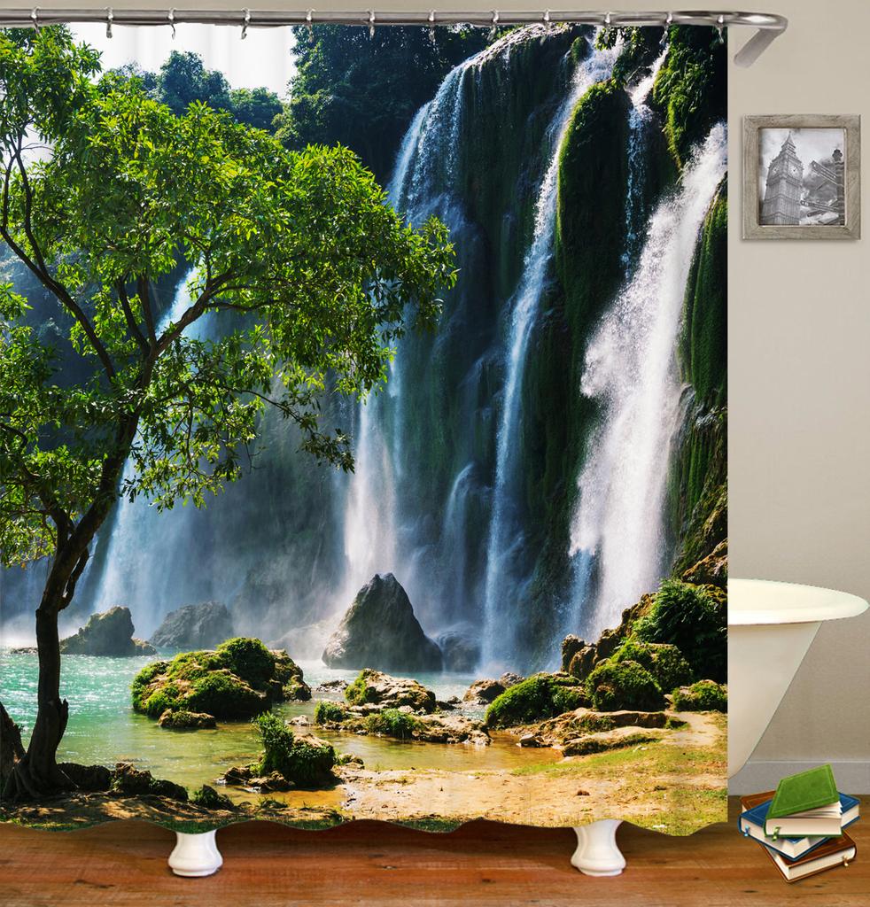 Forest Landscape Bathroom Curtain 3D Natural Scenery Waterfall Printing Shower Curtains Waterproof Polyester Home Decoration