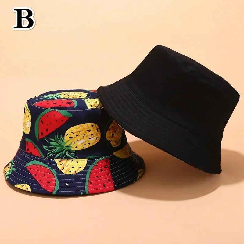 Fashion Summer Double-sided Wear Pineapple Fisherman Hat Unisex Fruit Print Fisherman Cap Leisure Packable Reversible Sun Hats