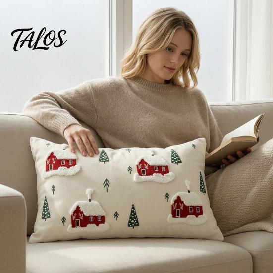 Modern Living Room Pillow Protectors Christmas Cottage Cushion Cover, Red Snowy House Pillowcase, Decorative Festive Covers Throw Case for Sofa Couch