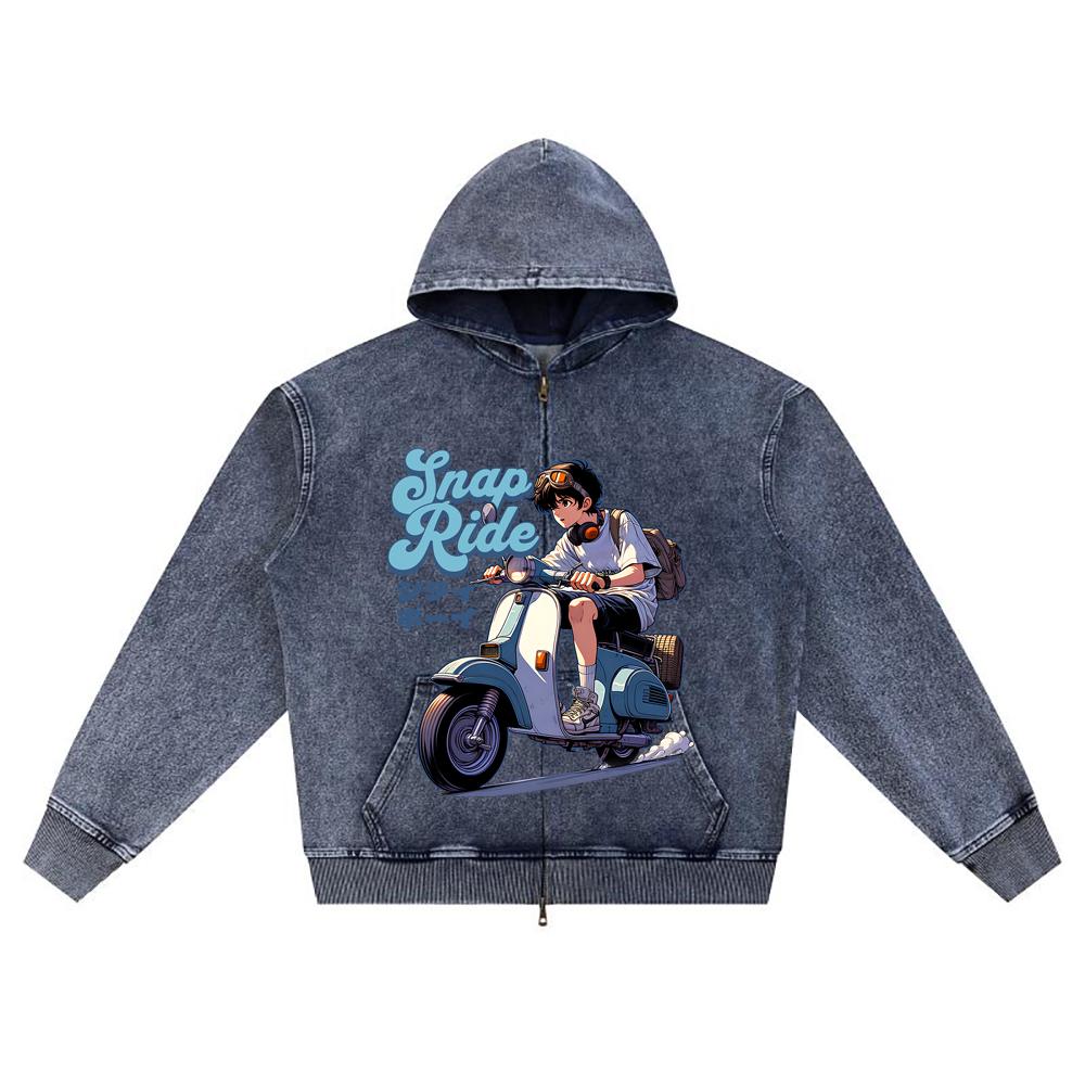 DTG print Knitted Denim Zip-Up Hoodie Scooter Graphic Brother Print Zipper Hoodies  