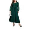 Plus Size Tie-Waist Patchwork Pleated Dress - Elegant Spring/Autumn Long Sleeve Style