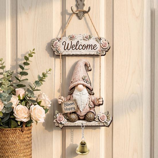 Welcoming Gift for Gardeners Wooden Gnome Door Hanger with Bell, Country Garden Welcome Sign Outdoor Hanging Swing Wall Plaque, Farmhouse Ornament