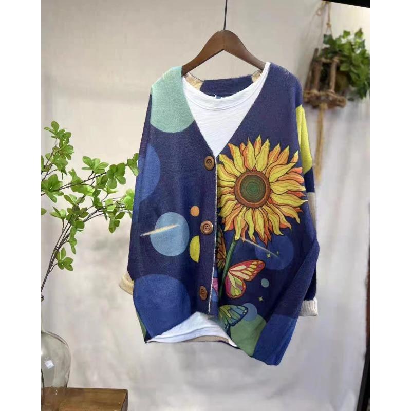 DIMANAF 2023 Neue Herbst Plus Größe Pullover Strickjacke Oversize Frauen Muster Floral Cartoon Druck Pullover Stricken Lose Pullover
