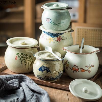 Retro Ceramic Storage Jar Kitchen Salt and Pepper Seasoning Box Storage Jar Creative Spice Jar Japanese Home Storage Tool