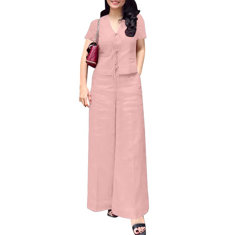 

ZANZEA Женская повседневная блузка с коротким рукавом и брюки, повседневный комплект из двух предметов M розовый