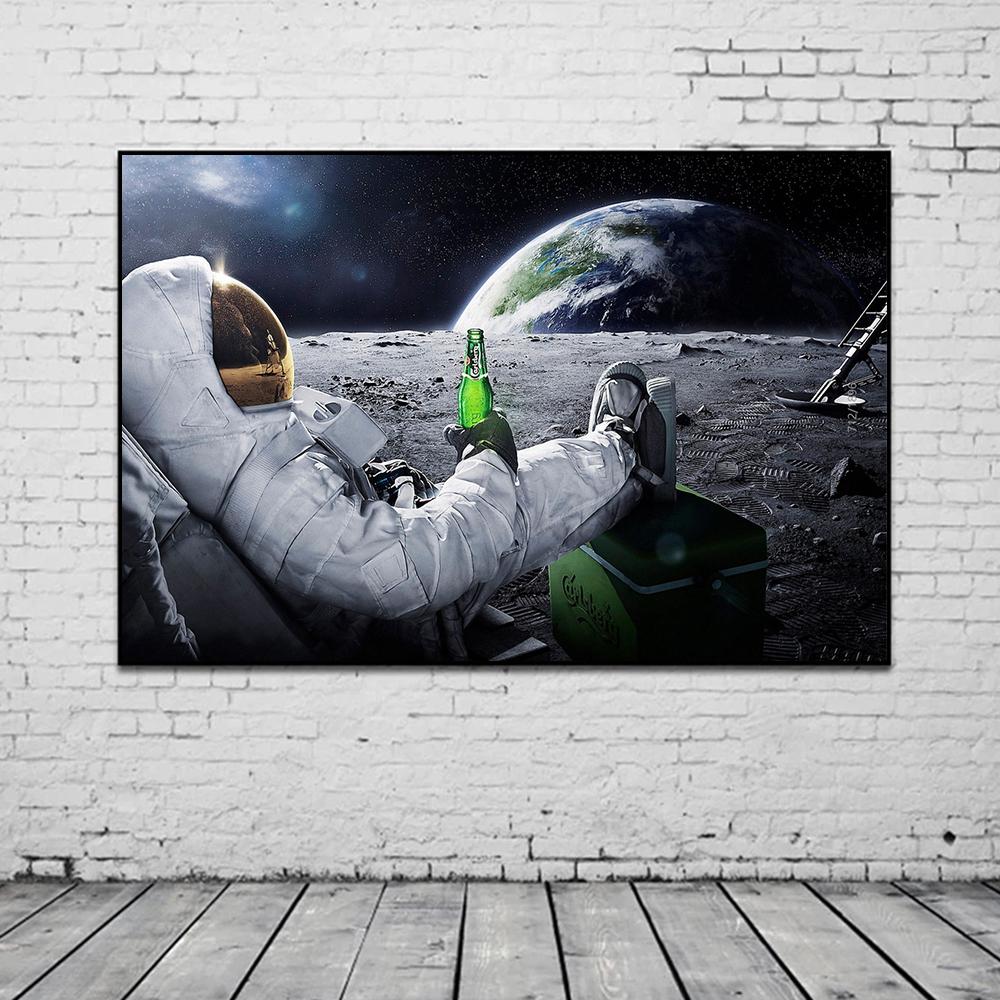 Astronaut Drinks Beer on The Moon While Watching The Earth Being Destroyed Canvas Painting Posters Prints Living Room Wall Art Pictures