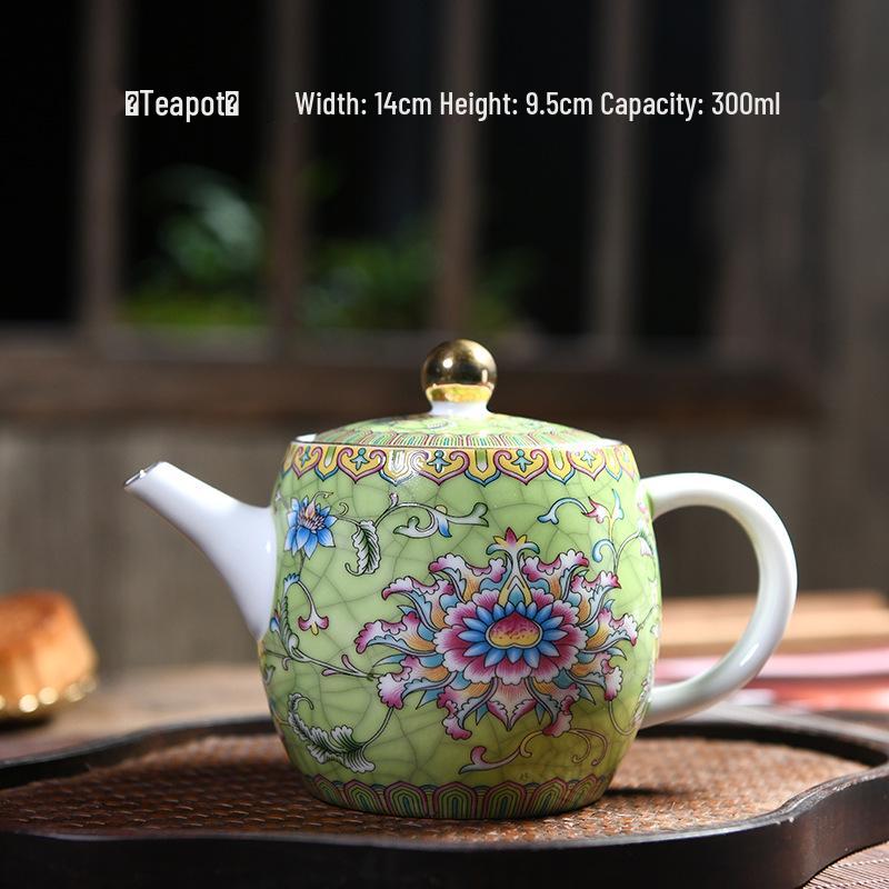 Enamel Color Ceramic Tea Set with Hand-Painted Floral Design, White Porcelain Kung Fu Brewer with Handle