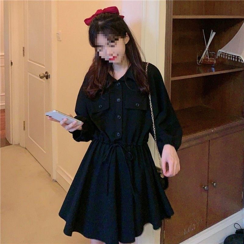 Spring Korean Style Polo Neck Drawstring Waist A Line Dress For Casual And Travel