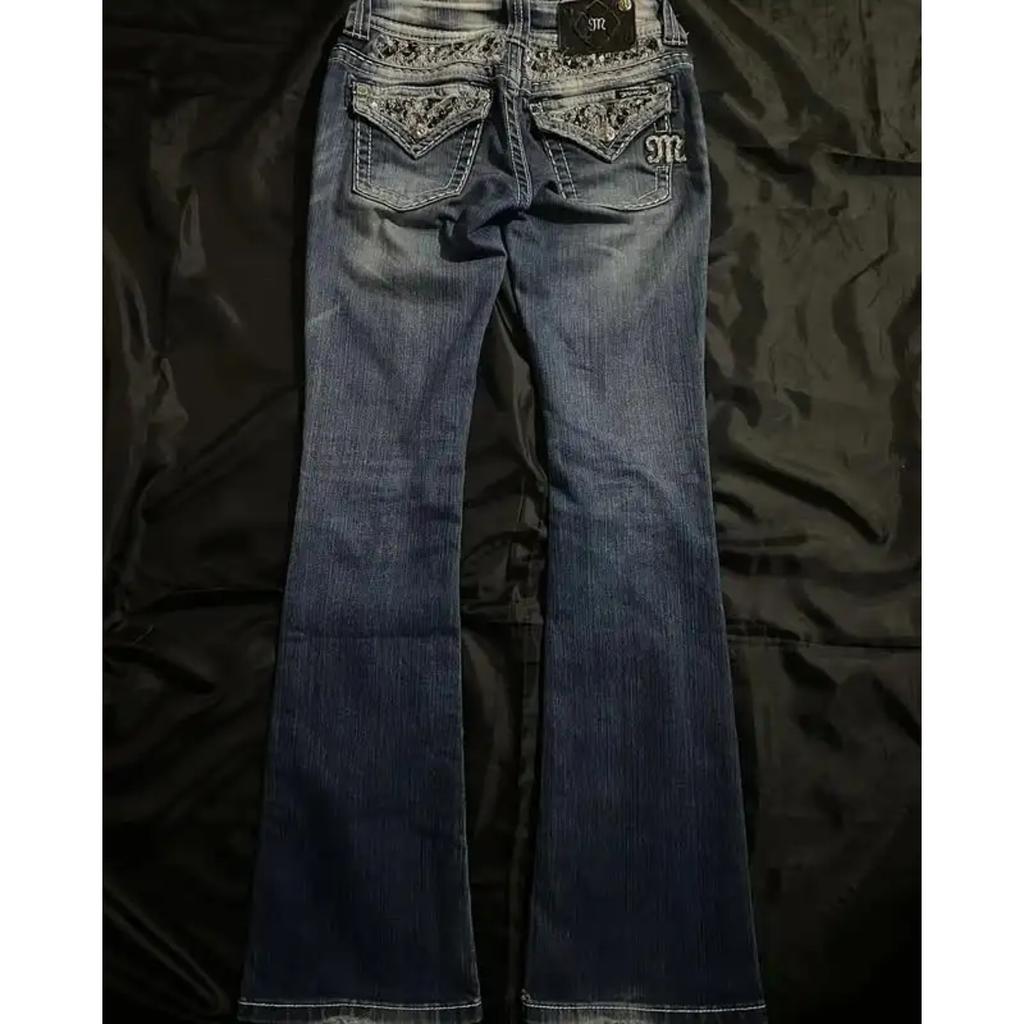 RogueWave Streetwear Vintage Jeans Y2K Kläder Dam Vintage Ficka Paljett Tvättad Blå Baggy Jeans Mellanhög Smal Passform Byxor