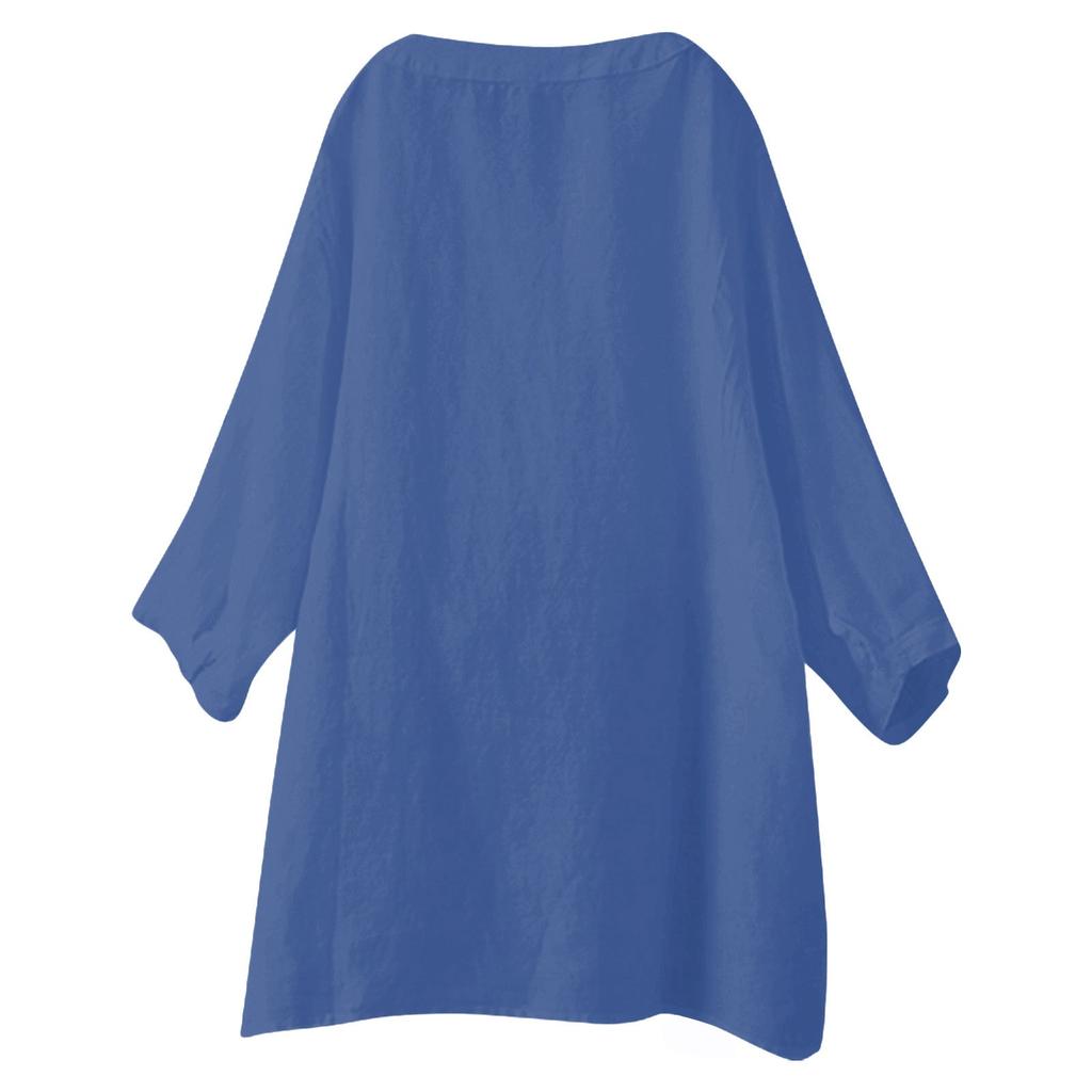 Women's Fashion Loose Standing Collar Button Split Cotton Linen Seven Sleeve T-Shirt Top