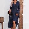 Women V Neck Long Sleeve Ruched Waist A Line Midi Dress Solid Color Casual Fit Flare Dress