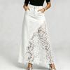 Elegant Women Washed Denim Long Skirt High Rise Hollow Floral Lace Patchwork Fishtail Maxi Skirt Casual Daily Party Bottoms
