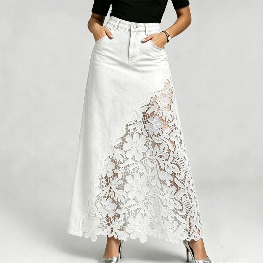 Elegant Women Washed Denim Long Skirt High Rise Hollow Floral Lace Patchwork Fishtail Maxi Skirt Casual Daily Party Bottoms