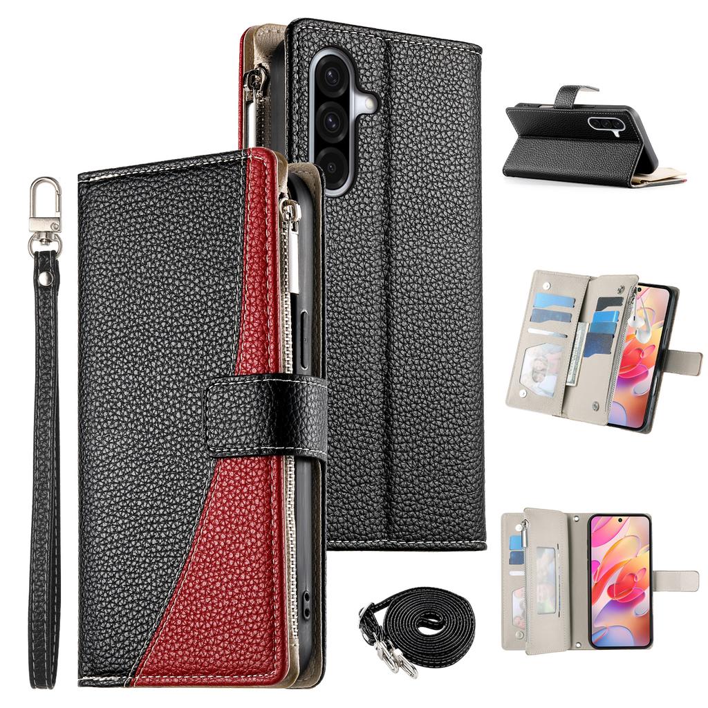 For Samsung Galaxy A36 5G Case Zipper Wallet Color Splicing Leather Flip Phone Cover with Straps