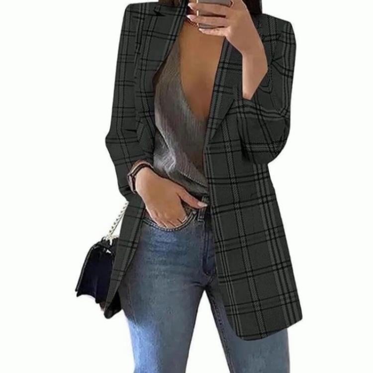New Fashionable Women Casual Slim Fit Lapel Plaid Cardigan Suit Jacket