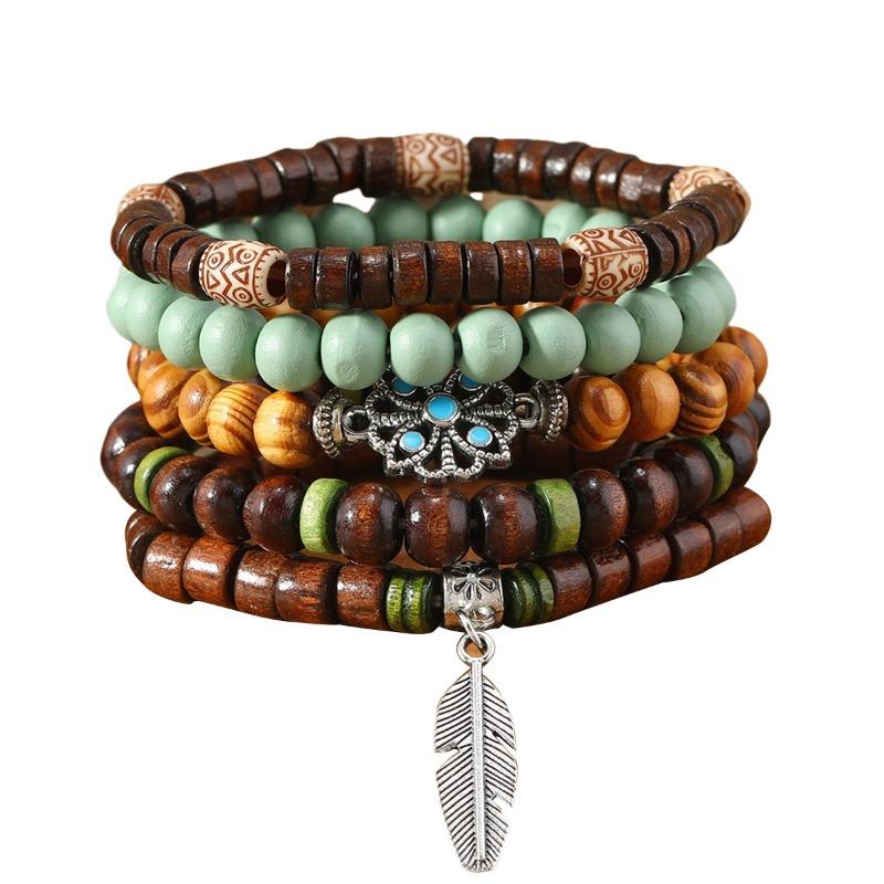 European, American Peace Tree Multi-piece Wooden Bead Beaded Bracelet Retro Simple Men's Personality Stacked Bracelet