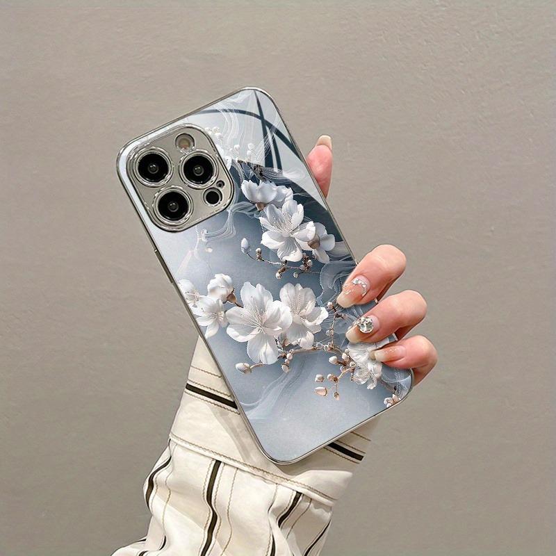 Stylish White Floral Electroplated Tempered Glass Phone Case For iPhone 17 16 15 14 13 12 11 Pro Max Plus 16E 17 Air Tpu Cover