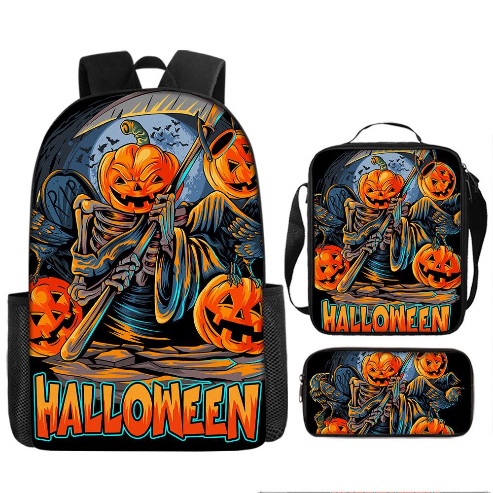 Halloween Backpack Pumpkin Ghost 3-Piece Set Schoolbag Kids Shoulder Bag Cute Bookbag for Boys Girls