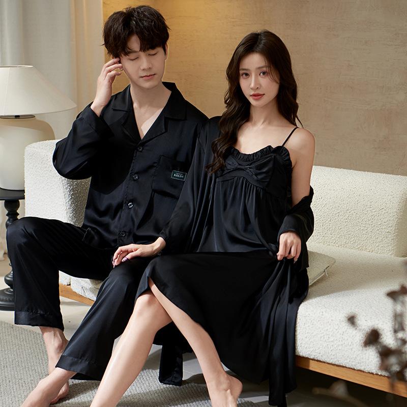 Couple pajamas wedding newlyweds spring and summer ice silk long sleeves simulation silk natal year red loungewear men's suit