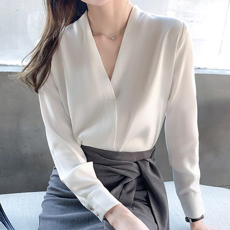 Fashion 2025 Spring Blouses Shirts Long Sleeve V-Neck Office Lady White Chiffon Blouse Shirt Women Tops J755