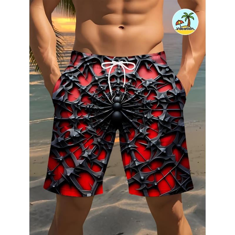 Men s Fashionable Printed Beach Shorts, Men s Trendy Brand Spider Web Printed Beach Shorts in Red and Black Contrasting Colors S