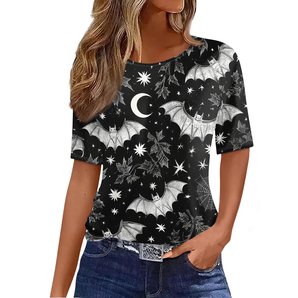Women's Casual Halloween Short Sleeve Pullover Top Bat Pumpkin Print Round Neck Relaxed Fit Shirt for Fall