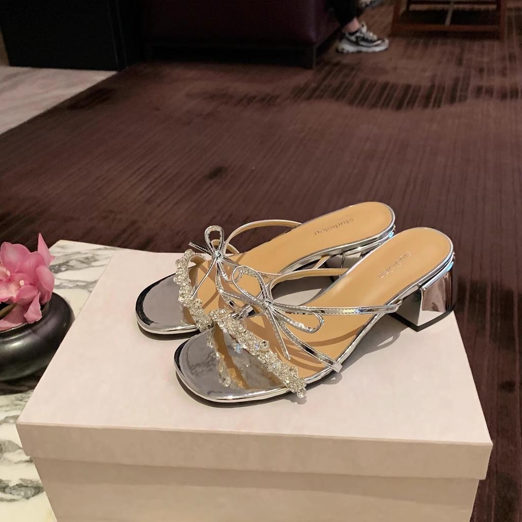 Sheepskin~ version burst beauty sparkling rhinestone slippers women's summer wear bow 5.5cm thick heel cool slippers