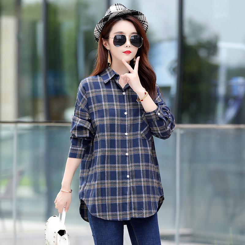 Women's Spot Medium and Long Plaid Shirt Spring and Autumn Korean Version Loose and Thin Versatile Women's Shirt Women's Wholesale Long Sleeves