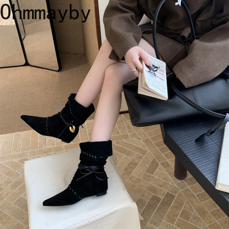 Autumn Winter Pleated Western Mid Calf Boots Women Designer Pointed Toe Internal Elevation Knight Botines De Mujer