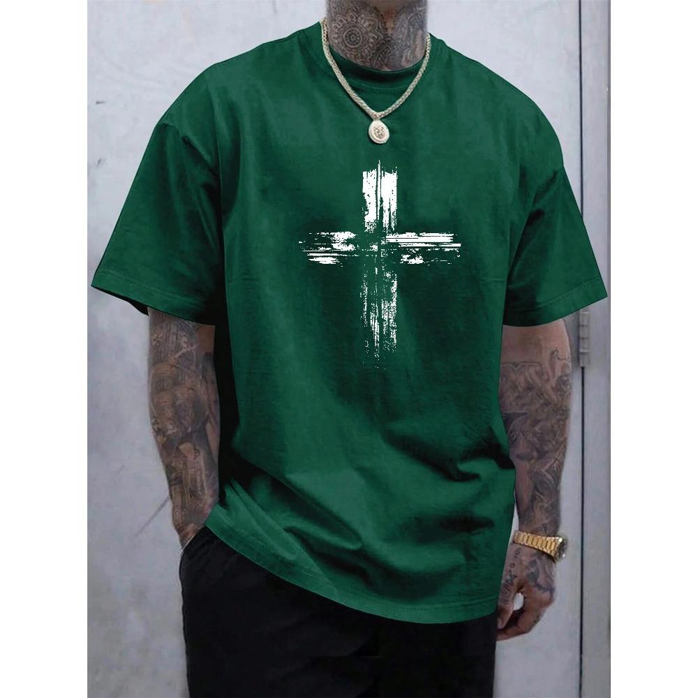 Men's Summer 100 Cotton Fashionable Casual Loose Plus Size Retro Cross Print Sports Round Neck Short Sleeved T-shirt Top