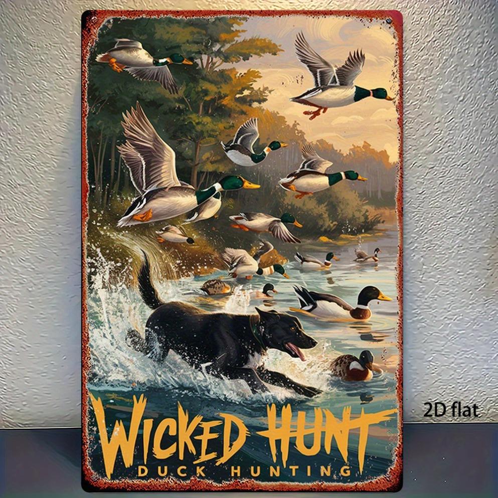 2D Flat Vintage Hunting Duck Metal Wall Art - Wild Duck & Dog Decor, Rustic Farmhouse Iron Sign, for Hunting Cabin/man Cave