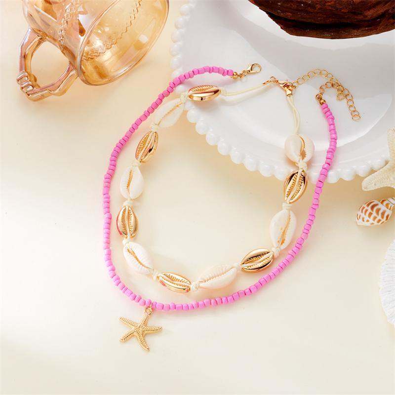 Boho Gold Color Starfish Shell Pendant Necklace for Women Double Layer Rice Beads Sea Shell Choker Summer Beach Party Jewelry