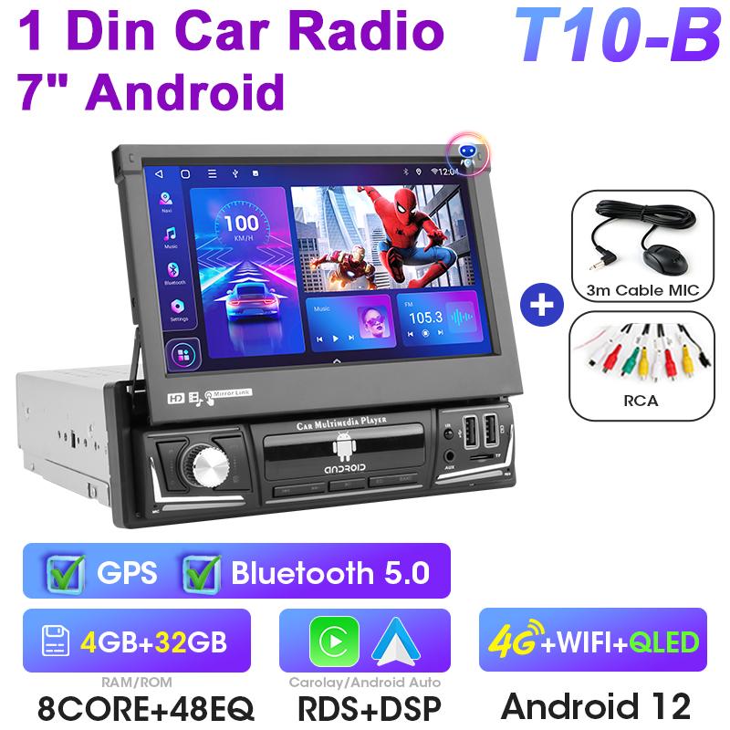 1 Din 7" Universal Car Radio Retractable Touch Screen Android 12 Multimedia Video Player Navigation GPS 4G Wireless Carplay Auto